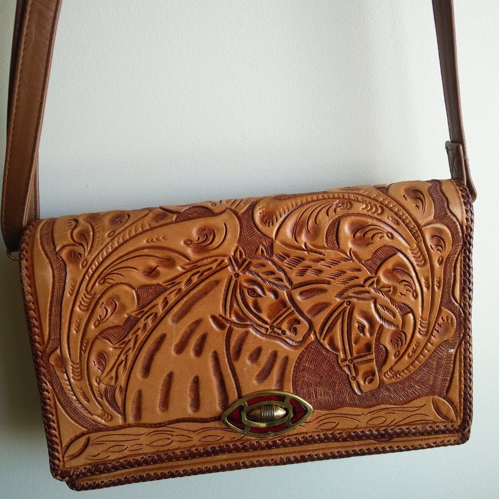 Vintage Handmade Leather Crossbody Bag Print Horse